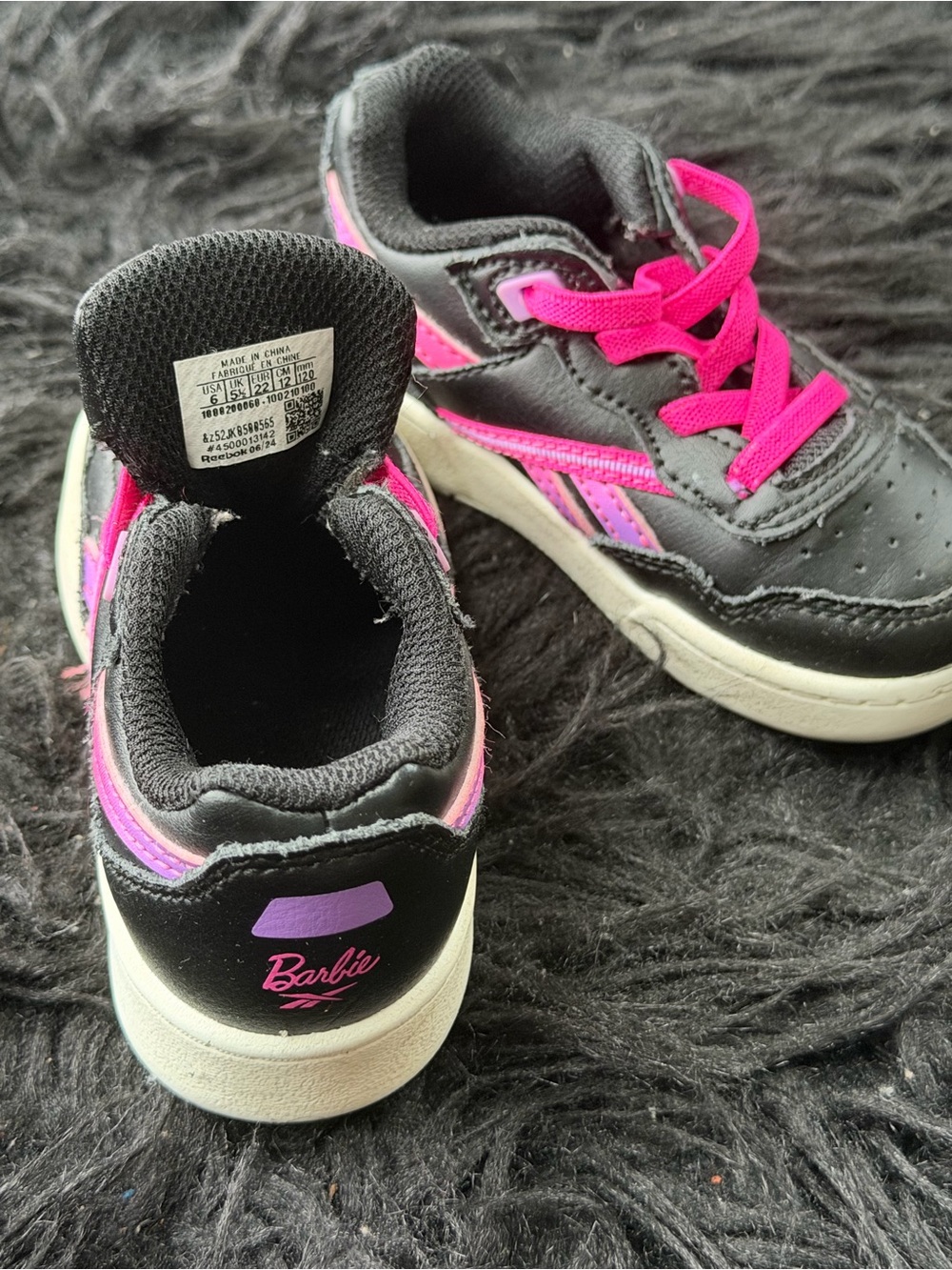 Reebok Kids Black Sneakers with Hot Pink Laces & Purple Accents